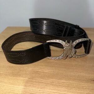 Fossil Black Leather Belt with Silver Horse Horseshoe Buckle‎ Adjustable 22-40”